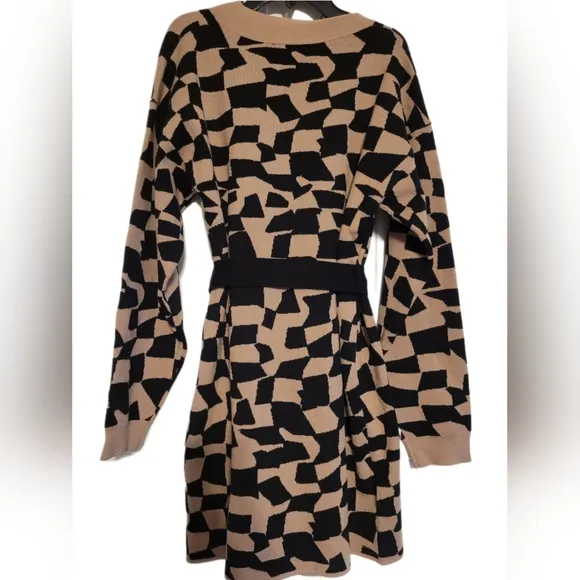 12TH TRIBE Black &amp; Tan printed sweater wrap dress, SZ M/L NWT