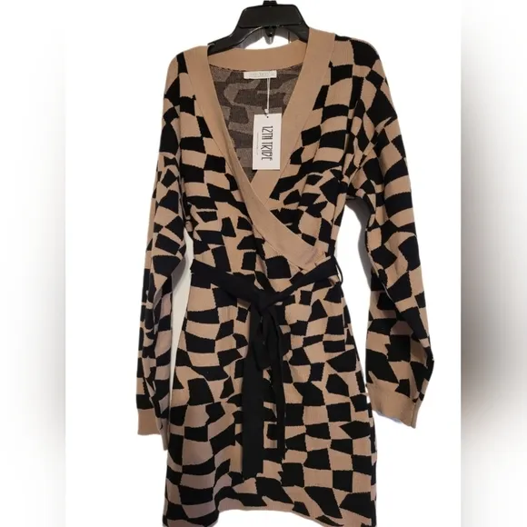 12TH TRIBE Black &amp; Tan printed sweater wrap dress, SZ M/L NWT