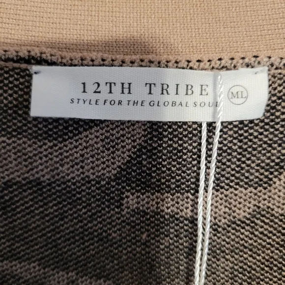 12TH TRIBE Black &amp; Tan printed sweater wrap dress, SZ M/L NWT