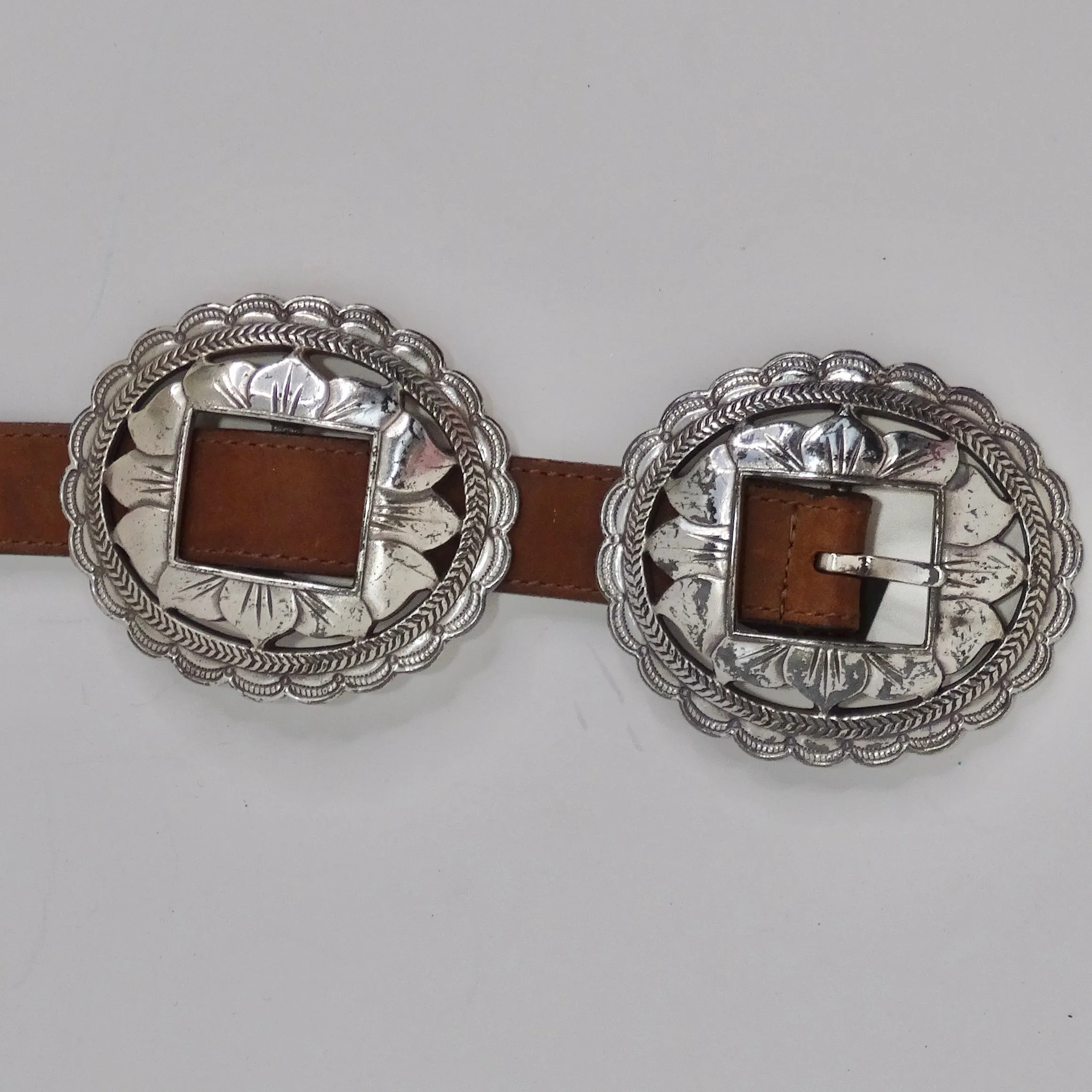 1990s Brown Leather Silver Tone Belt