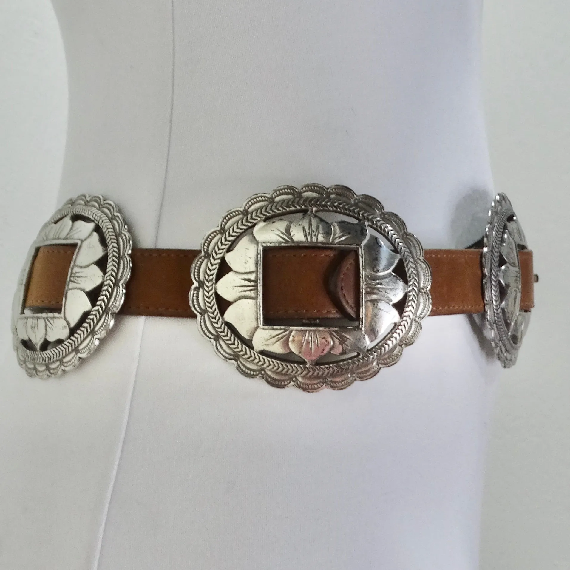 1990s Brown Leather Silver Tone Belt