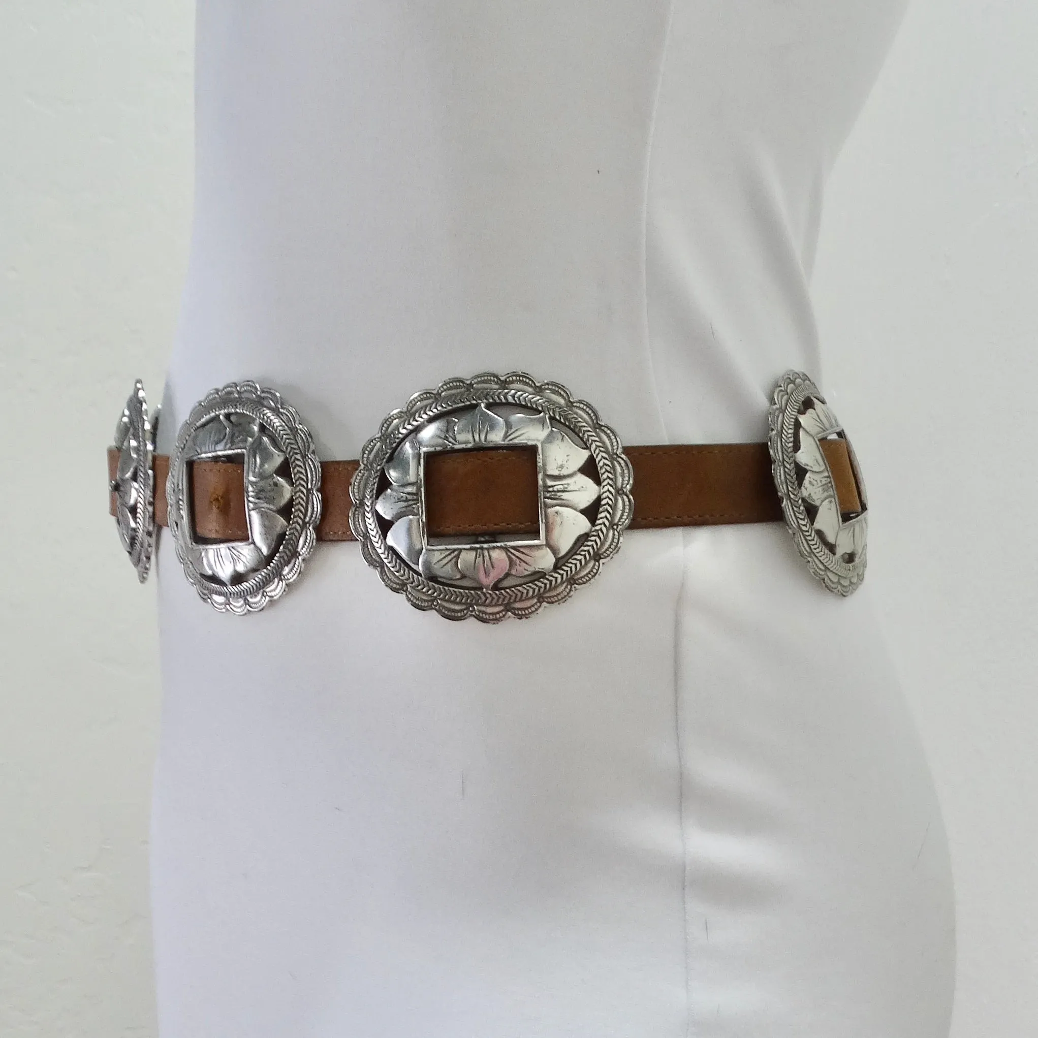1990s Brown Leather Silver Tone Belt