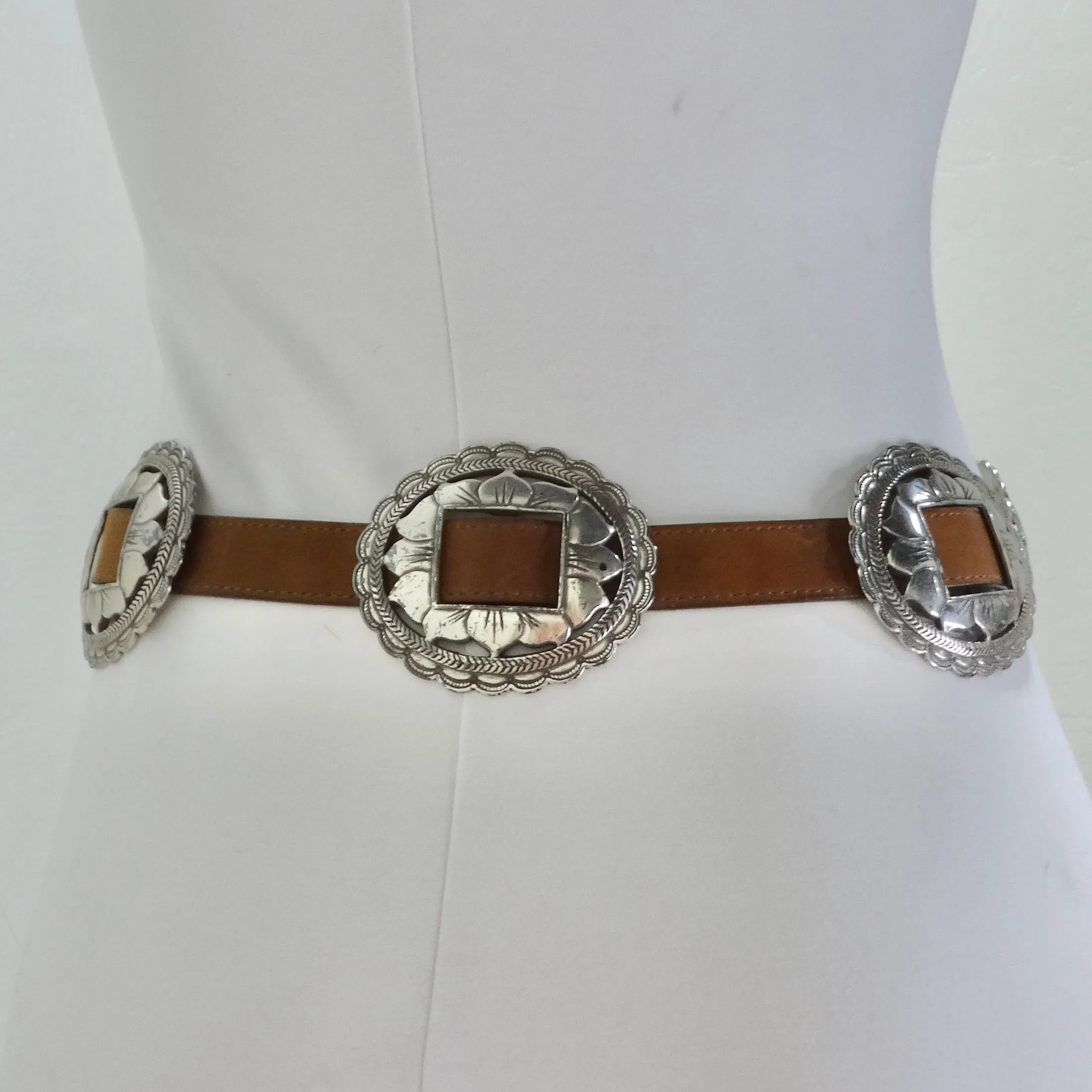 1990s Brown Leather Silver Tone Belt