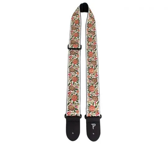 2” WHITE WITH FLORAL TRAIL JACQUARD GUITAR STRAP WITH TRIGLIDE