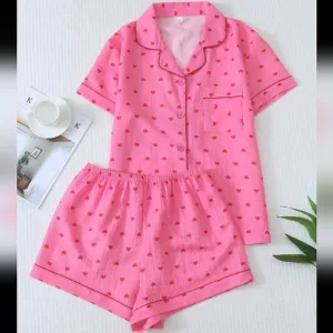 2pcs/Set Women's  Small Heart  Printed Summer Pajama Set