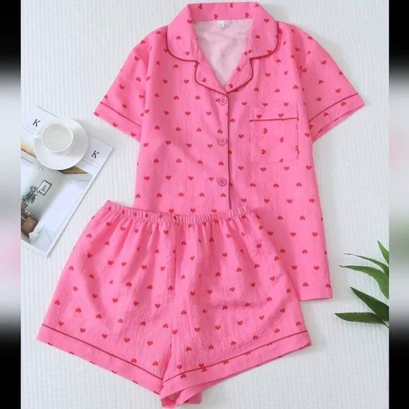 2pcs/Set Women's  Small Heart  Printed Summer Pajama Set