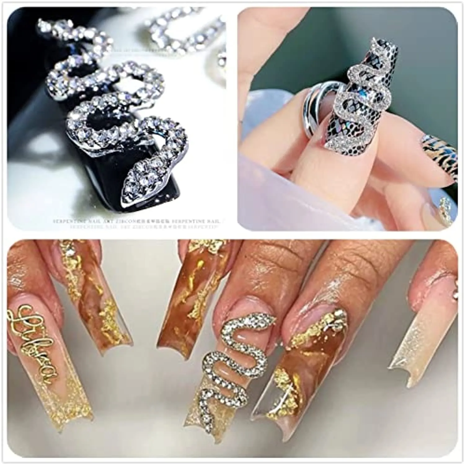 3D Snake-Shape Nail Art Charms with Rhinestones,Zircon Gold & Sliver Metal and Diamond Gems Snake Wave Nail Studs Decorations for DIY Crafts Nail Art Decorations (Sliver)