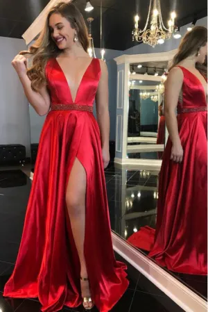 A-Line Deep V-Neck Sweep Train Red Prom Dress with Beading Split LPD091