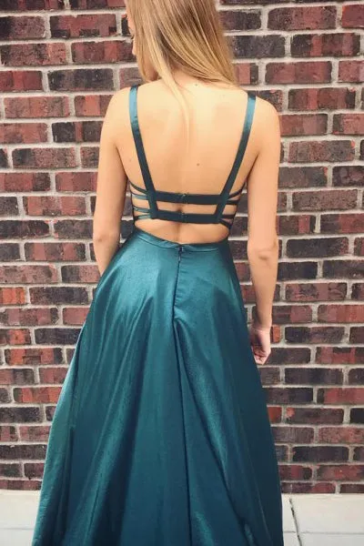A-Line Scoop Backless Sweep Train Dark Green Satin Prom Dress with Pockets LPD082