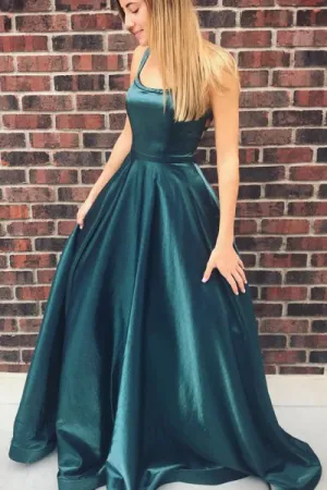 A-Line Scoop Backless Sweep Train Dark Green Satin Prom Dress with Pockets LPD082
