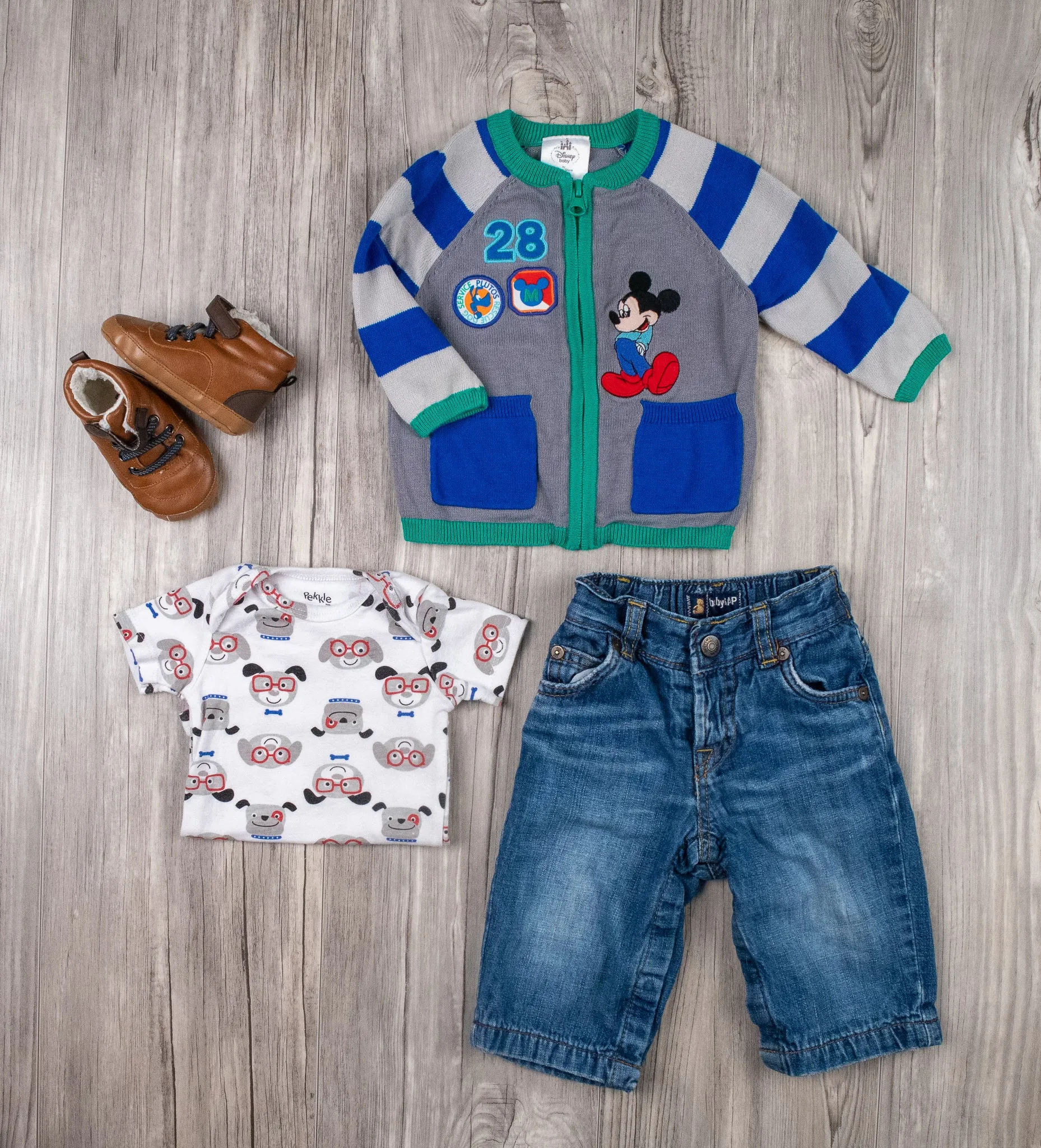 BABY BOY SIZE 6/12 MONTHS - DISNEY / OLD NAVY / PEKKLE, 4 Piece Mix N Match Fall Outfit EUC B7