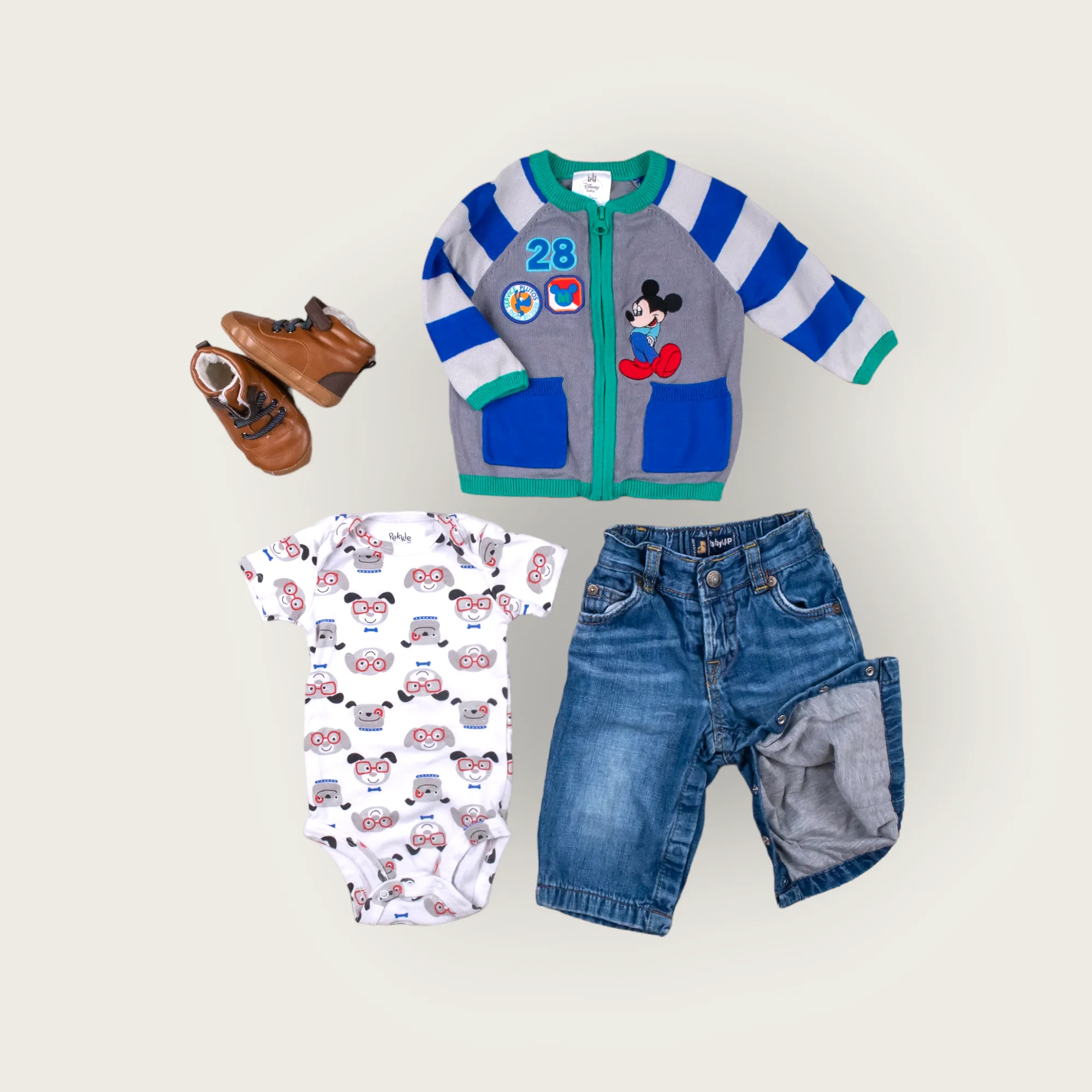 BABY BOY SIZE 6/12 MONTHS - DISNEY / OLD NAVY / PEKKLE, 4 Piece Mix N Match Fall Outfit EUC B7