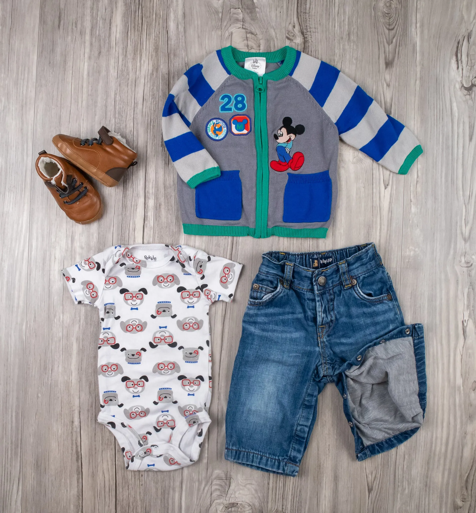 BABY BOY SIZE 6/12 MONTHS - DISNEY / OLD NAVY / PEKKLE, 4 Piece Mix N Match Fall Outfit EUC B7