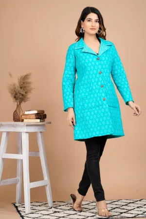 Beautiful Blue Pure Cotton Quilted Reversible Print Long Jackets