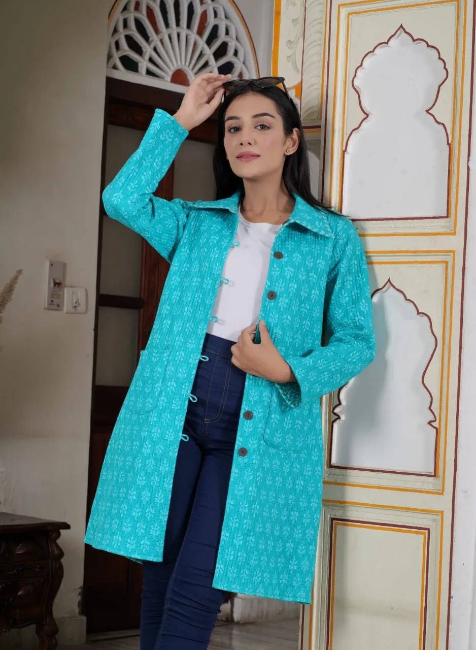 Beautiful Blue Pure Cotton Quilted Reversible Print Long Jackets