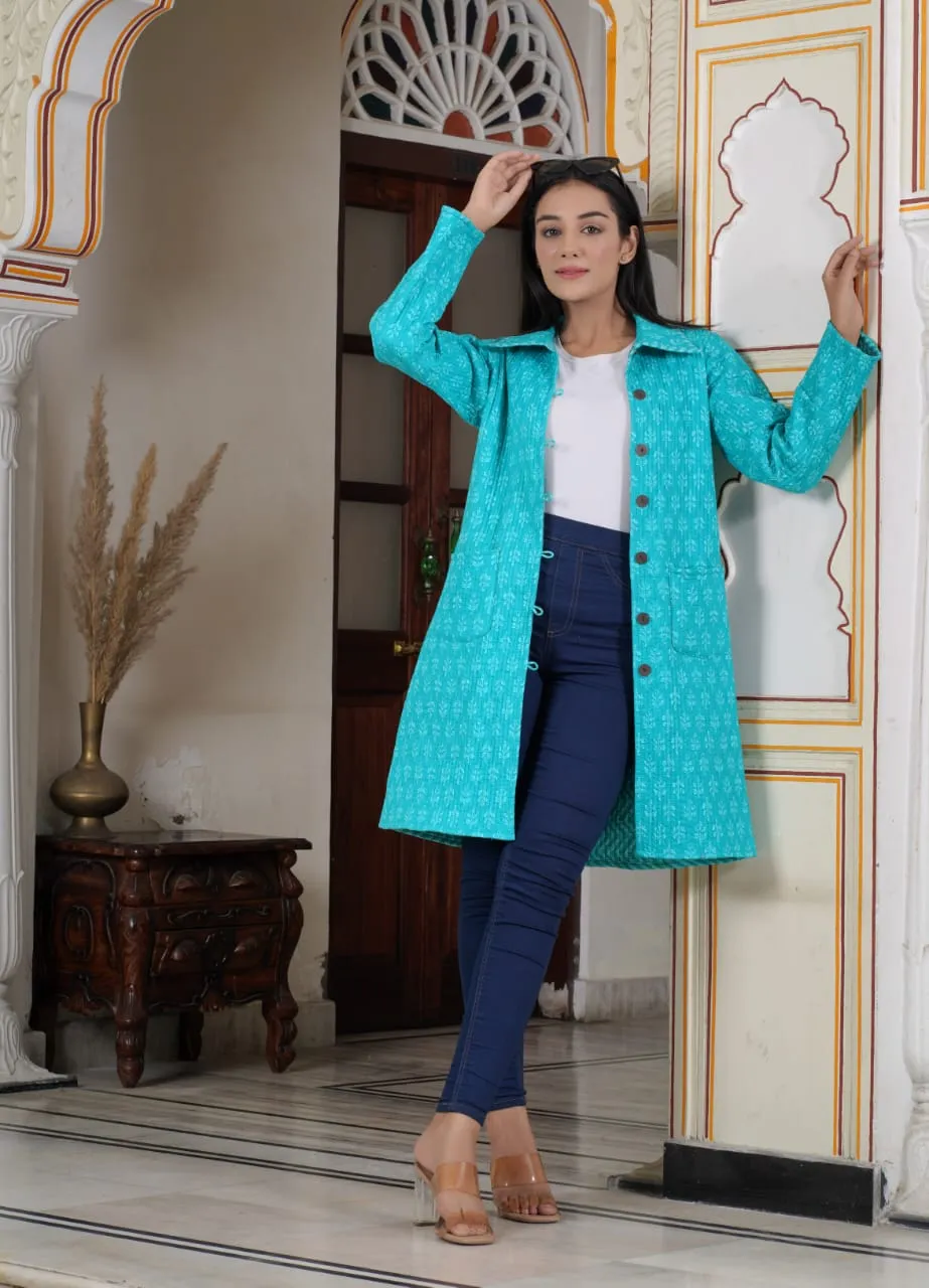 Beautiful Blue Pure Cotton Quilted Reversible Print Long Jackets
