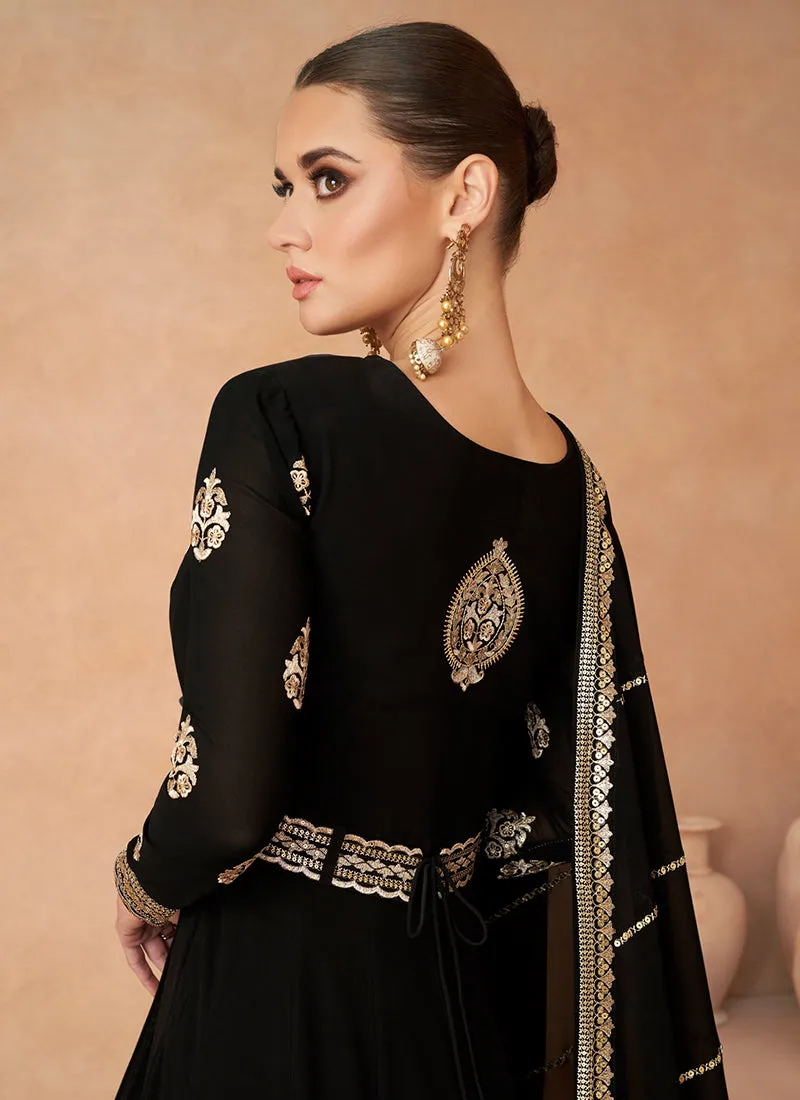 Black Golden Sequence Embroidery Anarkali Gown With Belt