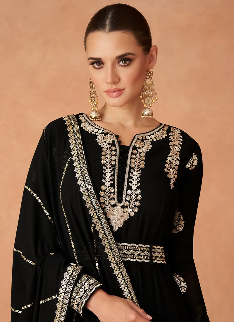 Black Golden Sequence Embroidery Anarkali Gown With Belt