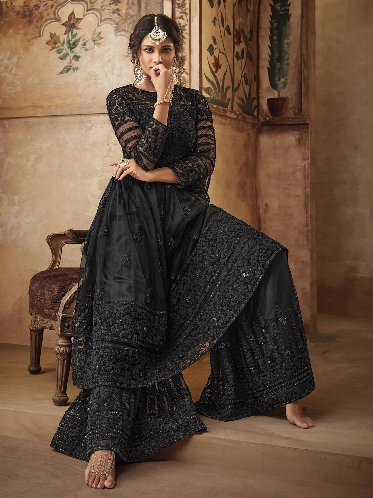 Black Thread Embroidered Party Wear Sharara Suit