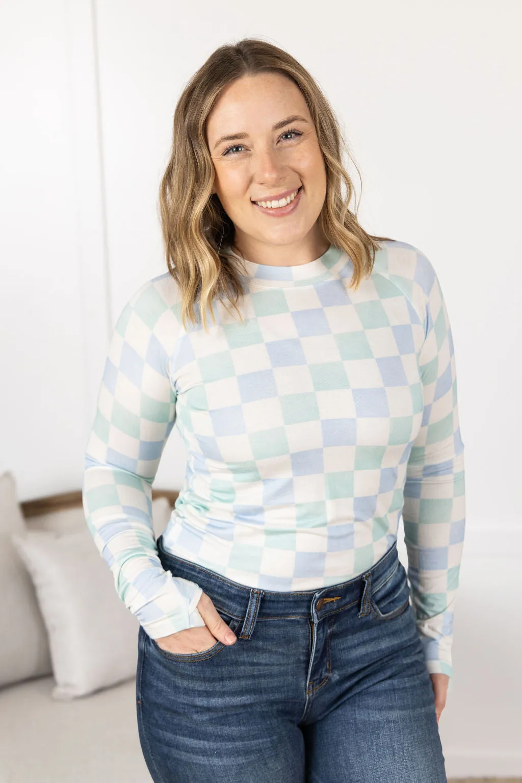 Blair Long Sleeve Top - Blue and Mint Checker MM EXCLUSIVE