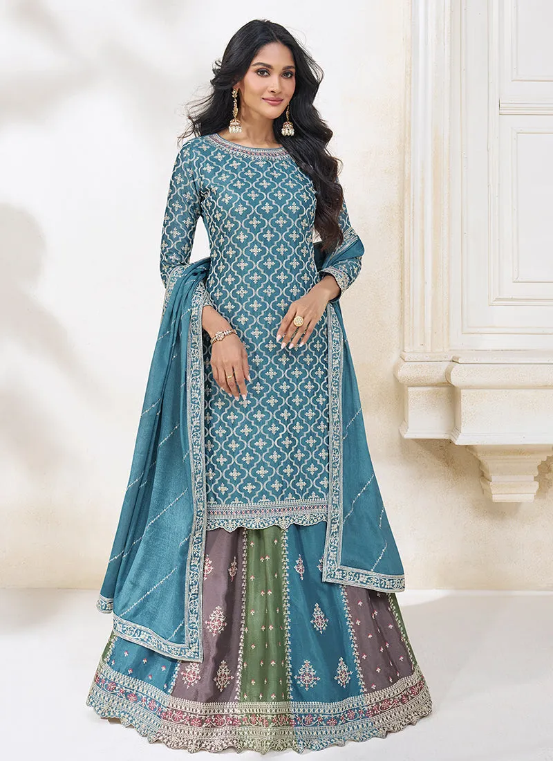Blue Multi Embroidered Traditional Lehenga Kurti
