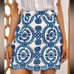 Boho Floral Embroidery Scallop Trim Skirt White Blue