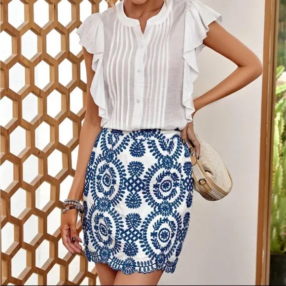 Boho Floral Embroidery Scallop Trim Skirt White Blue