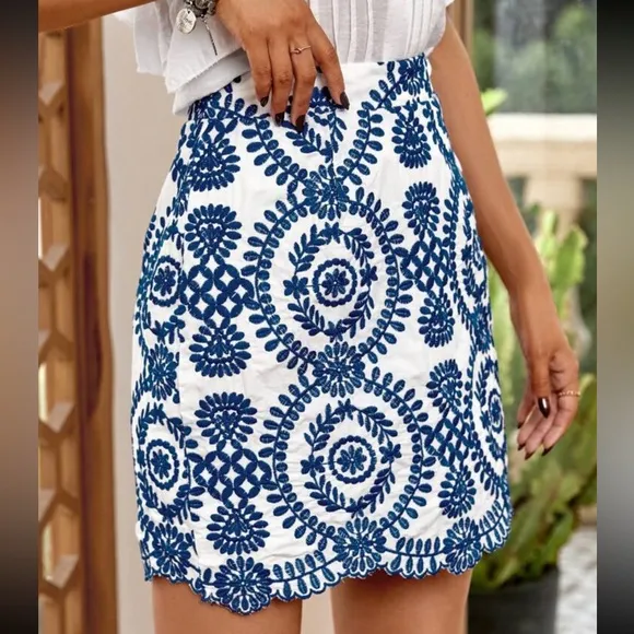 Boho Floral Embroidery Scallop Trim Skirt White Blue
