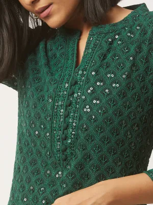 BottleGreen Georgette Mandarin Collar Neck 3/4th Sleeves Chikankari Embroidery Ethnic Wear Kurta for Women - ZOLA