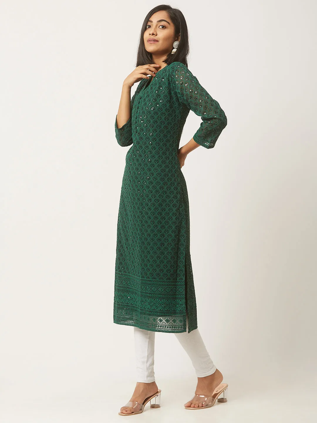 BottleGreen Georgette Mandarin Collar Neck 3/4th Sleeves Chikankari Embroidery Ethnic Wear Kurta for Women - ZOLA