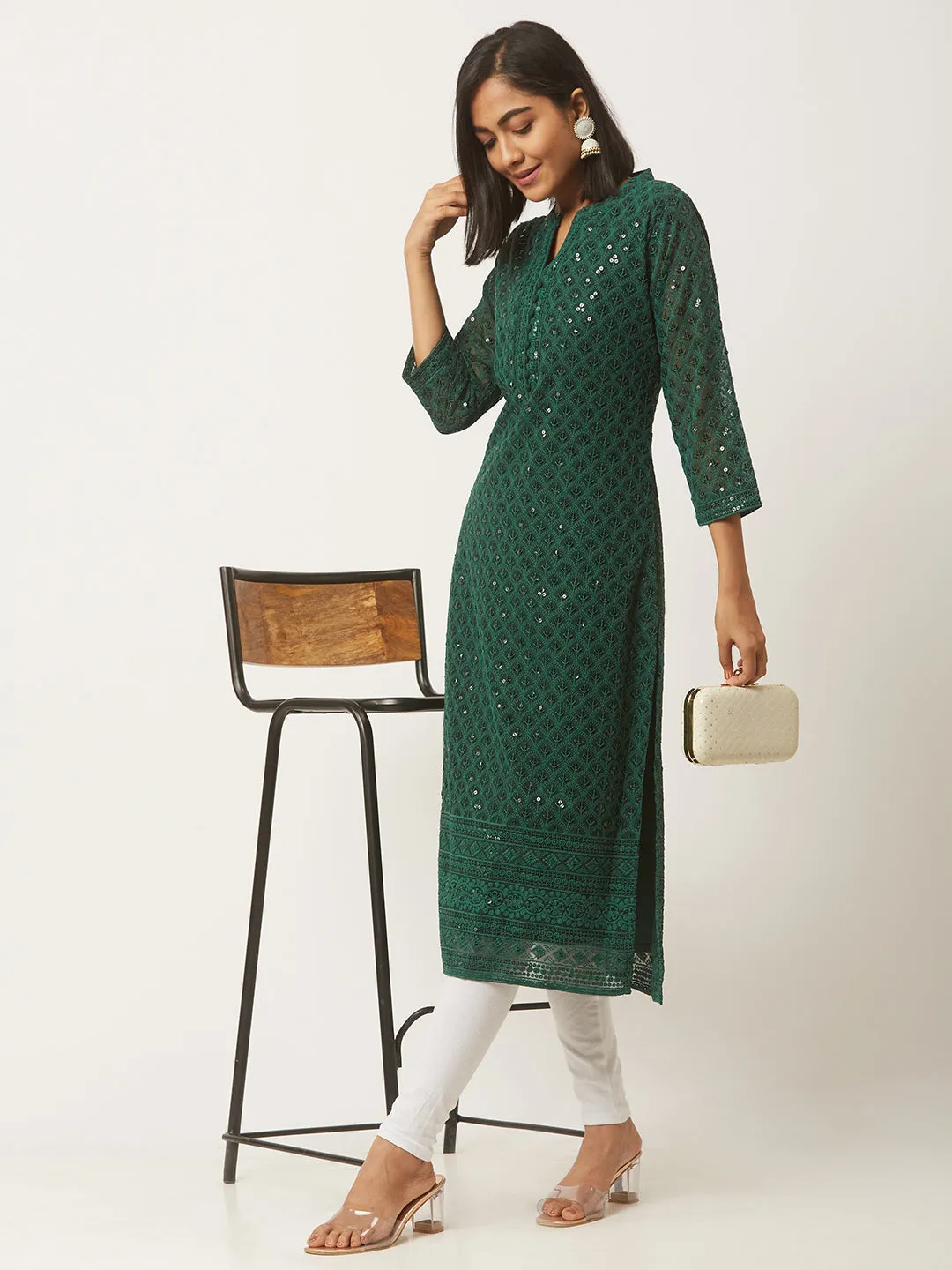 BottleGreen Georgette Mandarin Collar Neck 3/4th Sleeves Chikankari Embroidery Ethnic Wear Kurta for Women - ZOLA