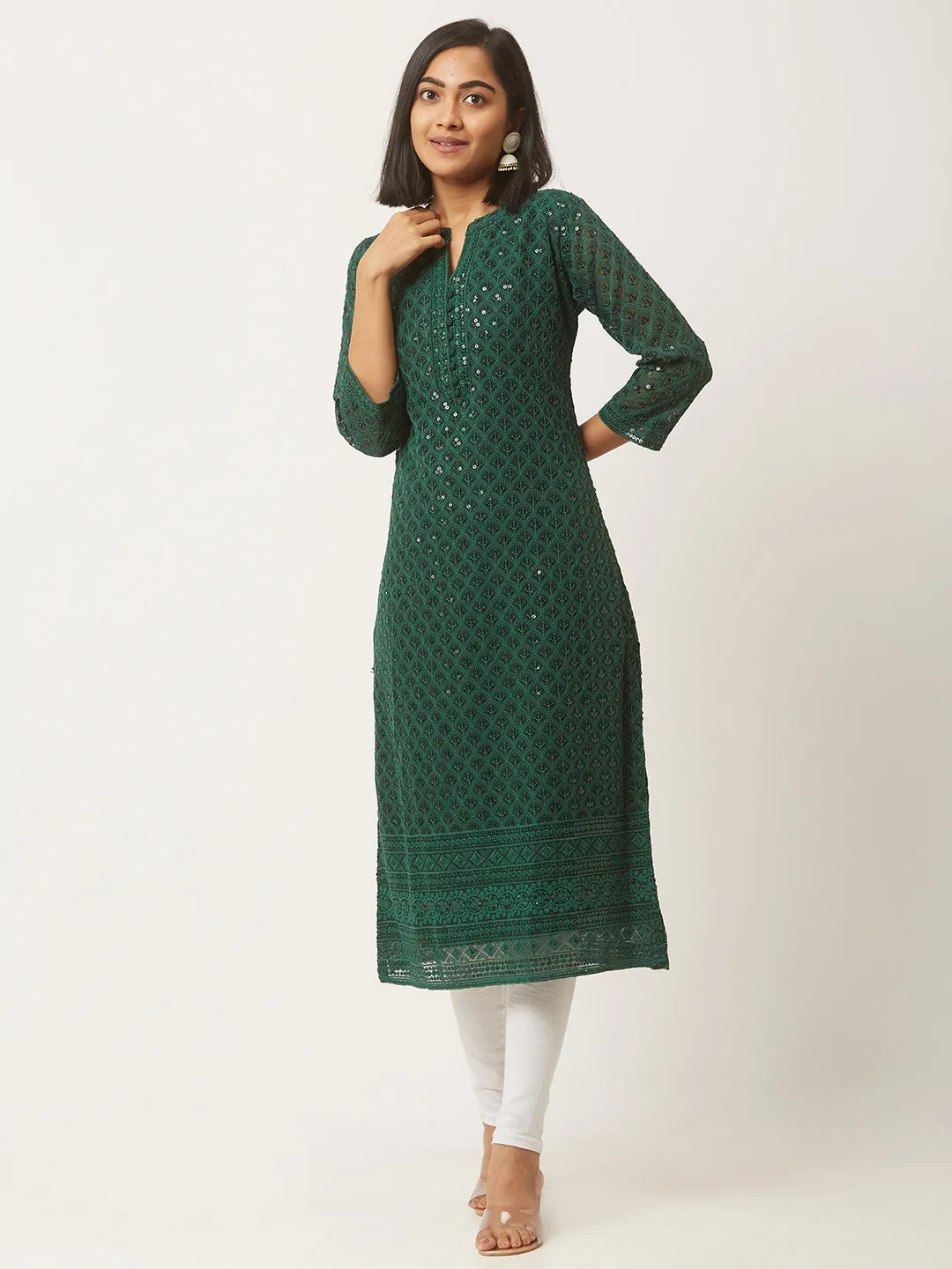 BottleGreen Georgette Mandarin Collar Neck 3/4th Sleeves Chikankari Embroidery Ethnic Wear Kurta for Women - ZOLA