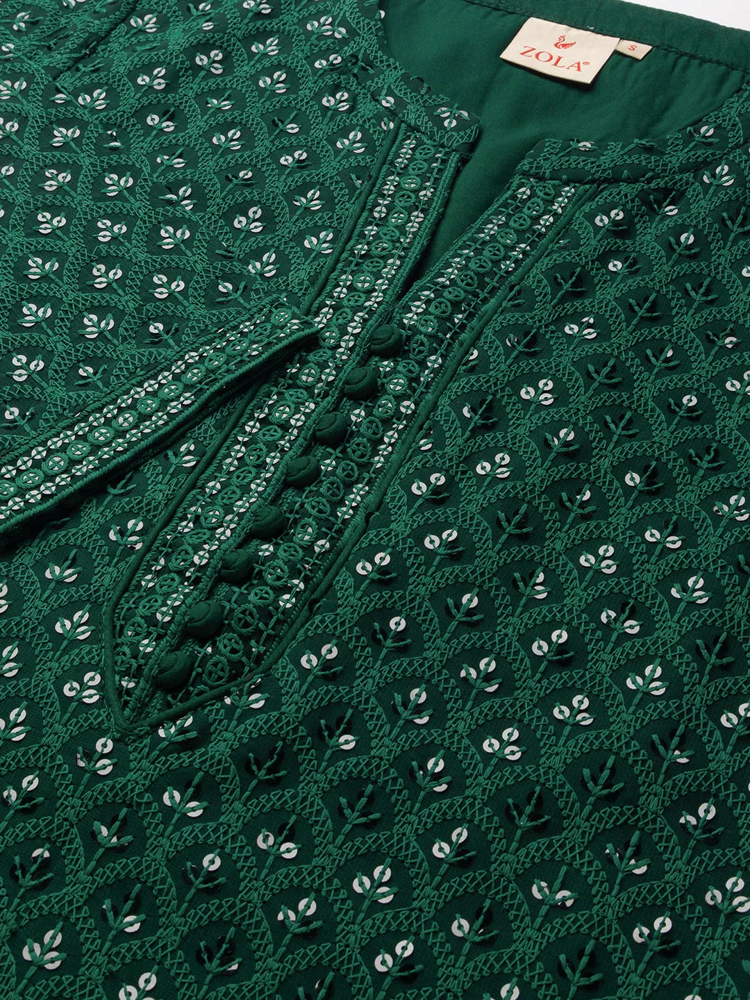 BottleGreen Georgette Mandarin Collar Neck 3/4th Sleeves Chikankari Embroidery Ethnic Wear Kurta for Women - ZOLA