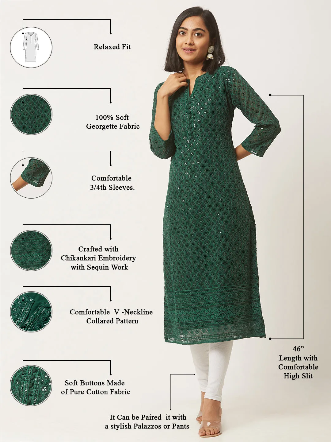 BottleGreen Georgette Mandarin Collar Neck 3/4th Sleeves Chikankari Embroidery Ethnic Wear Kurta for Women - ZOLA
