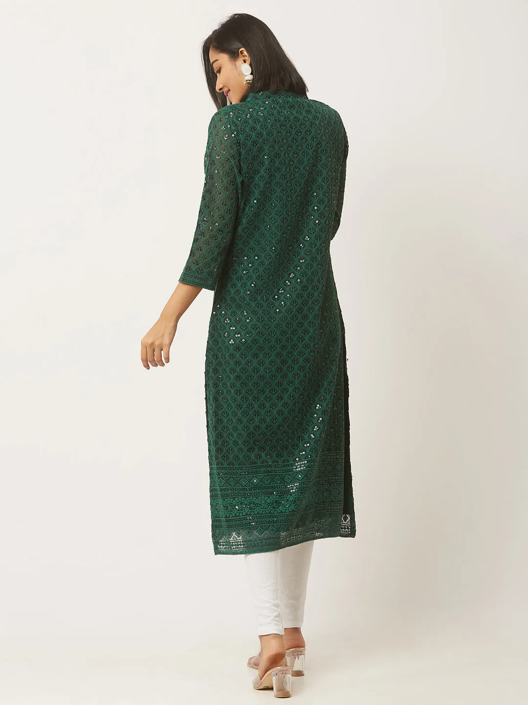 BottleGreen Georgette Mandarin Collar Neck 3/4th Sleeves Chikankari Embroidery Ethnic Wear Kurta for Women - ZOLA