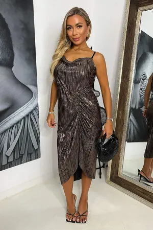 Bronze Plisse Strappy Cowl Neck Gathered Skirt Midi Dress