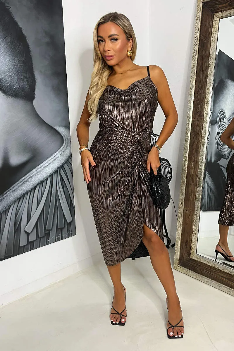 Bronze Plisse Strappy Cowl Neck Gathered Skirt Midi Dress