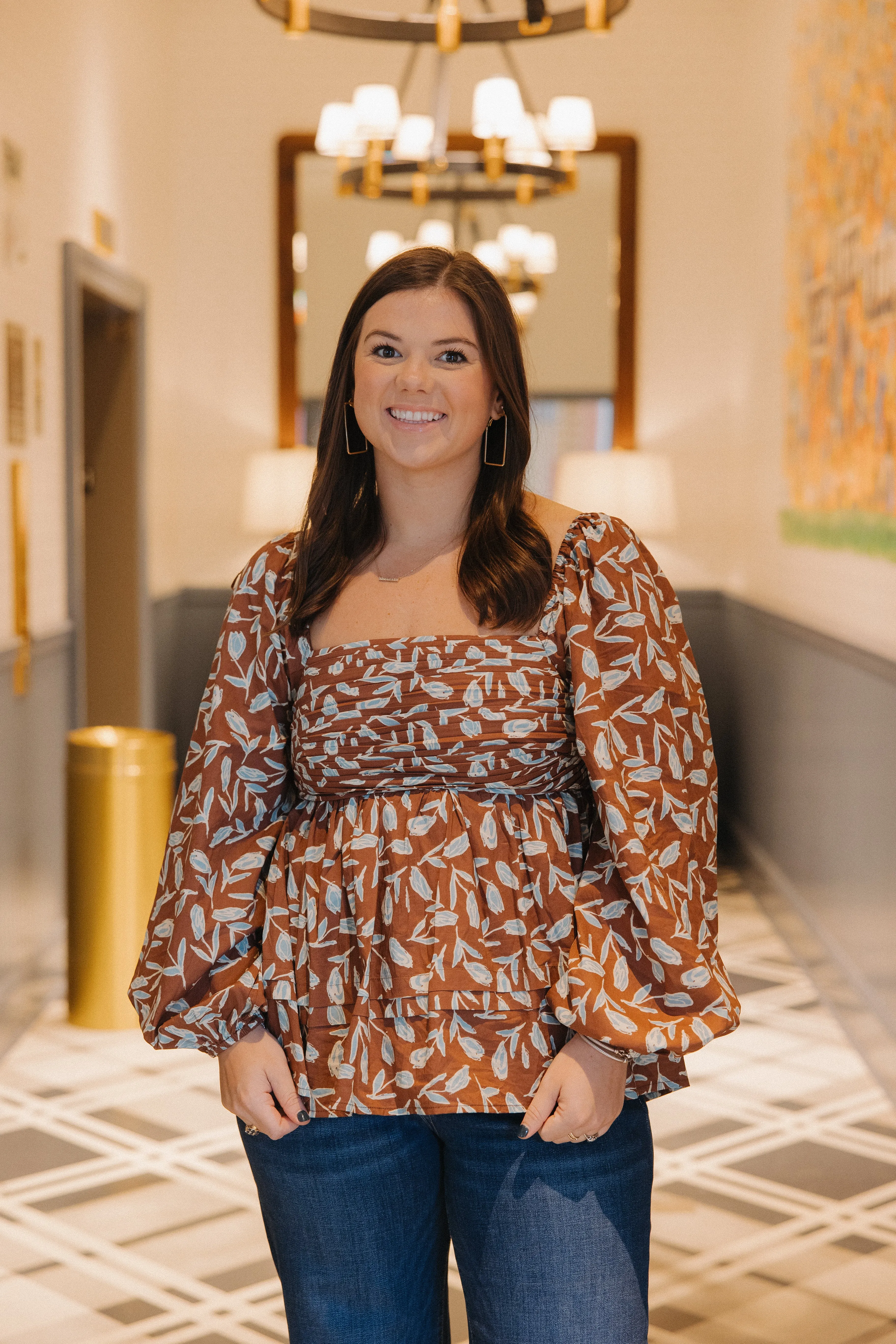 Brynlee Brown Shirred Pintuck Pleat Blouse