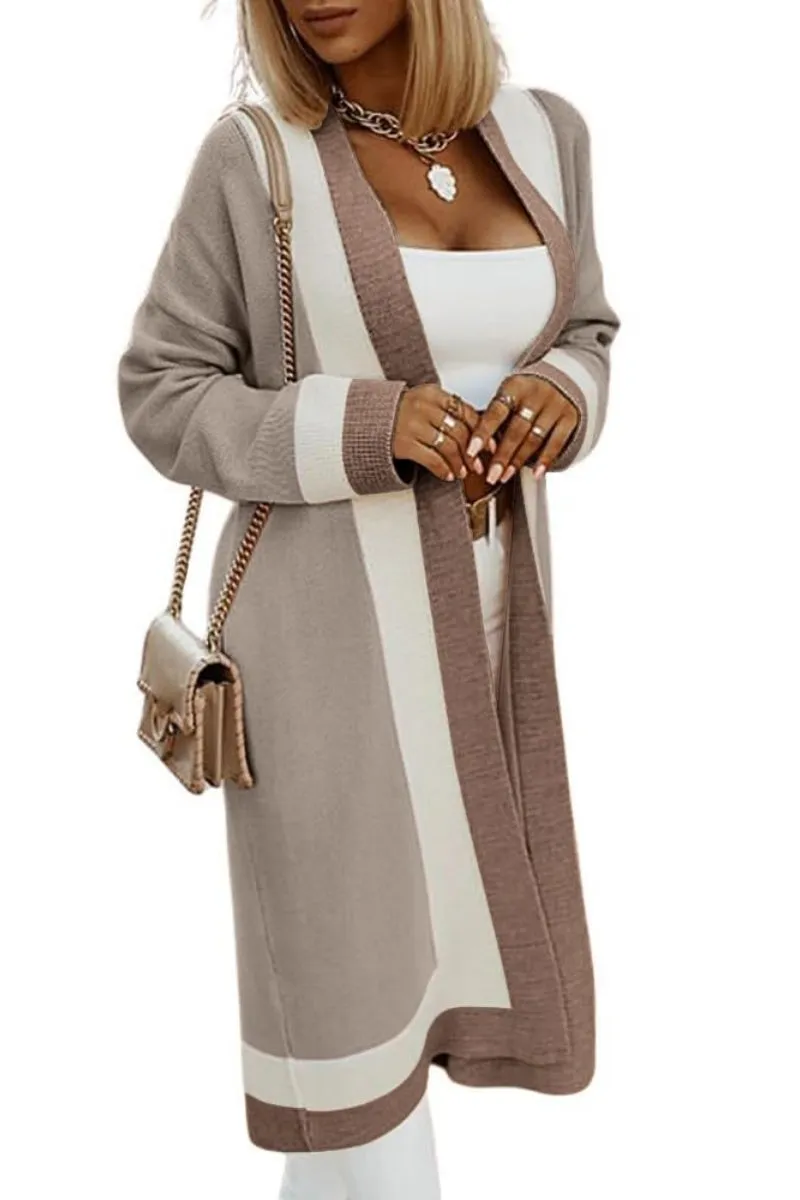 Chouyatou Women's Fall Color Block Open Front Cardigan Sweater Casual Loose Knitted Long Coatigan Coat