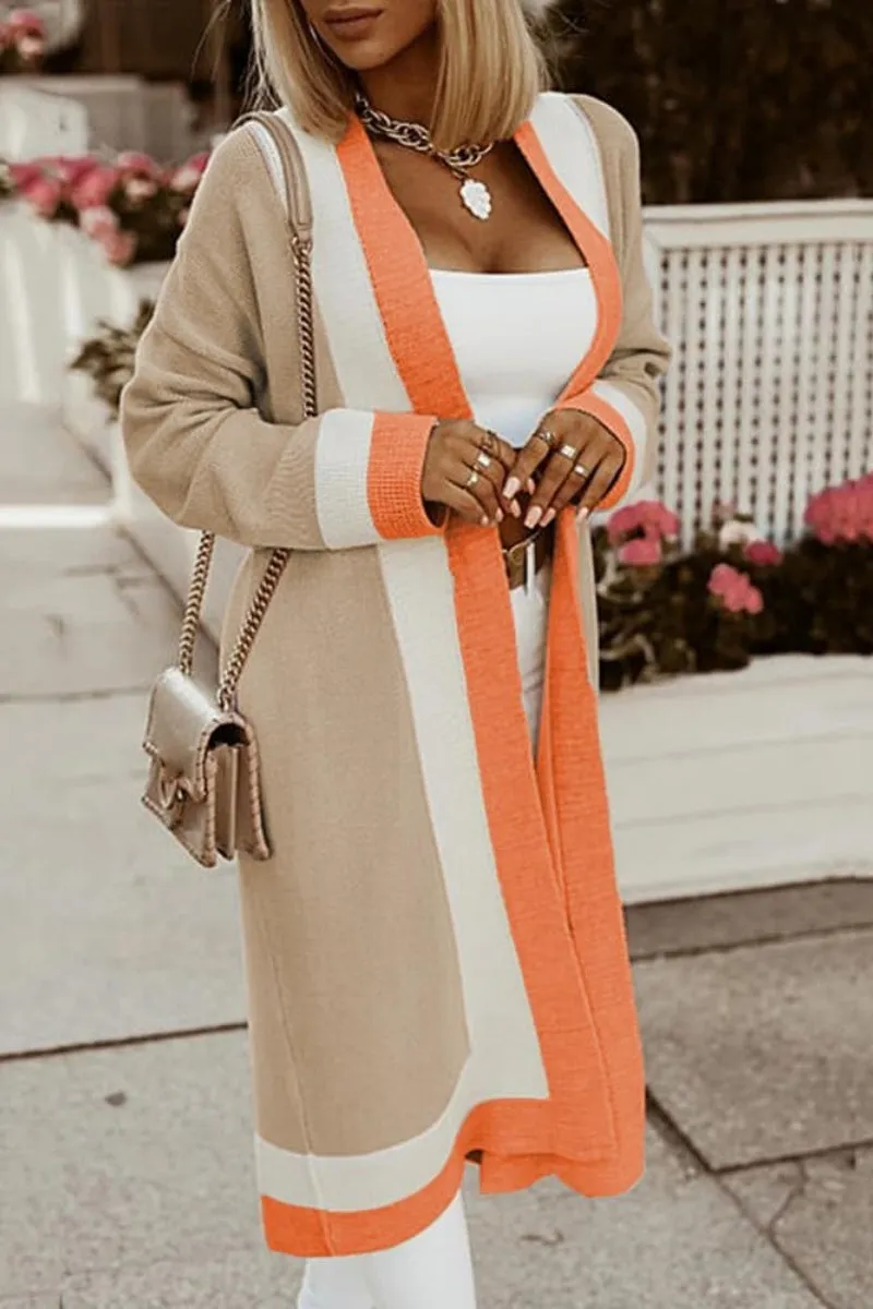 Chouyatou Women's Fall Color Block Open Front Cardigan Sweater Casual Loose Knitted Long Coatigan Coat