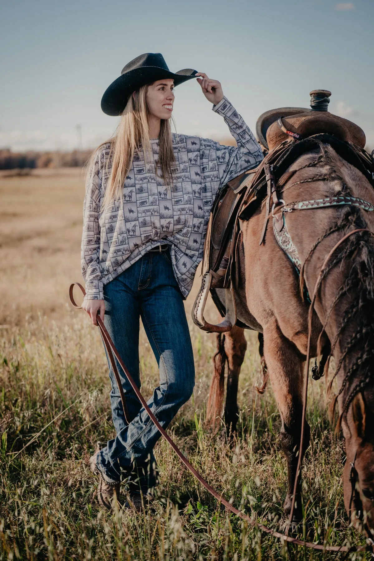 'Cody' All Over Cowgirl Graphic Printed Long Sleeve (S/M ONLY)