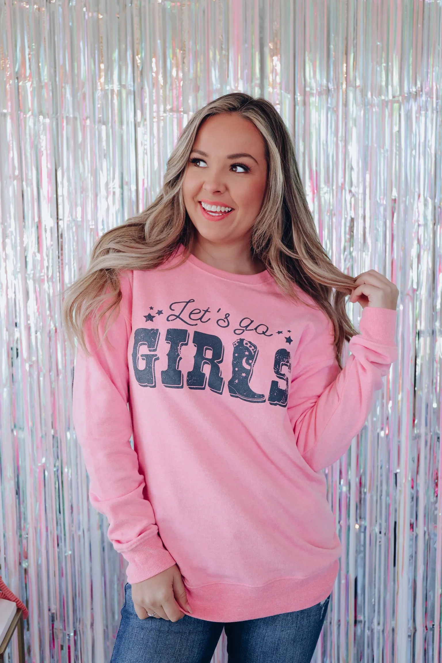 Cowboy Boot "Let's Go Girls" Graphic Sweatshirt - Pink