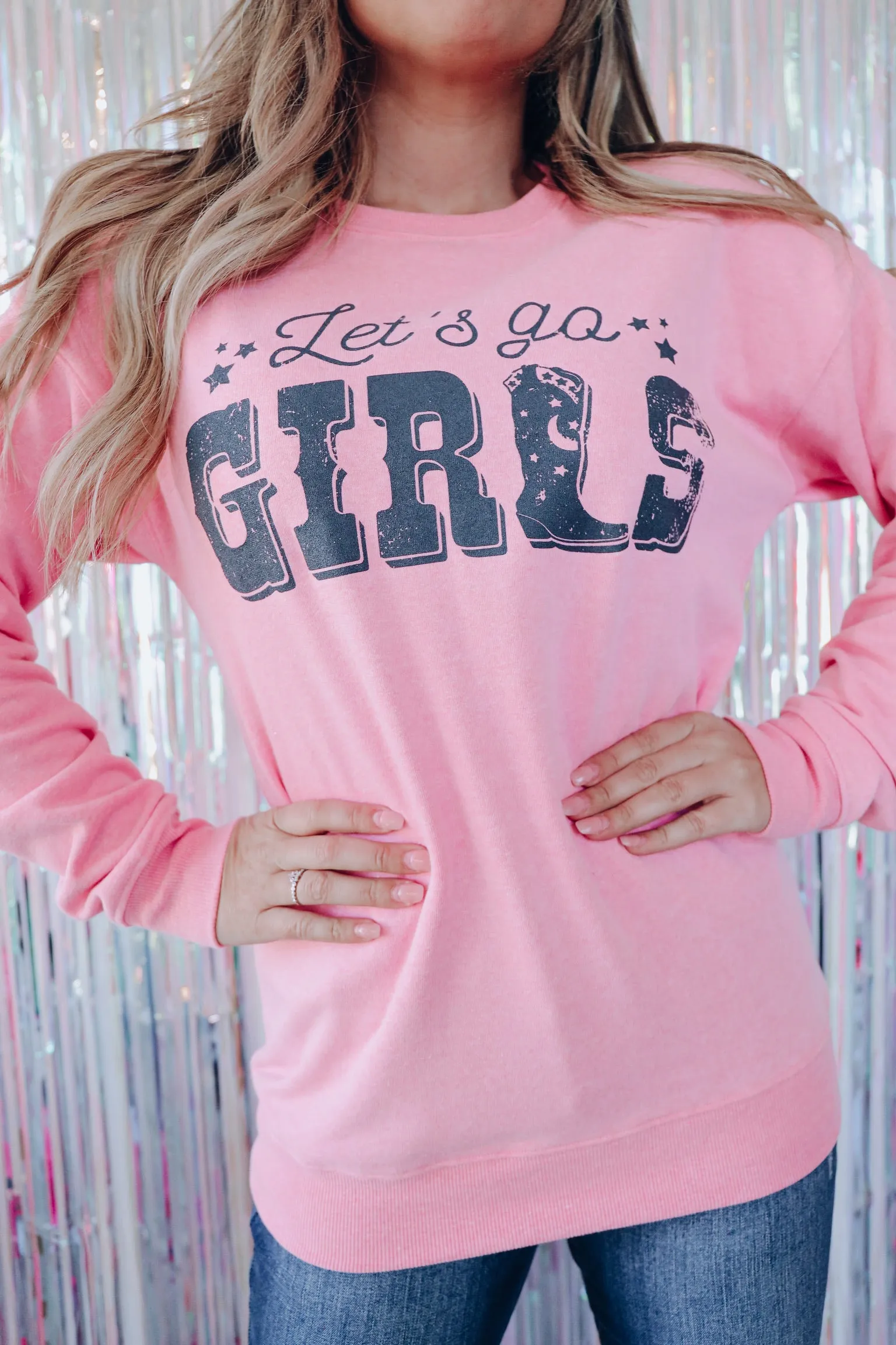 Cowboy Boot "Let's Go Girls" Graphic Sweatshirt - Pink