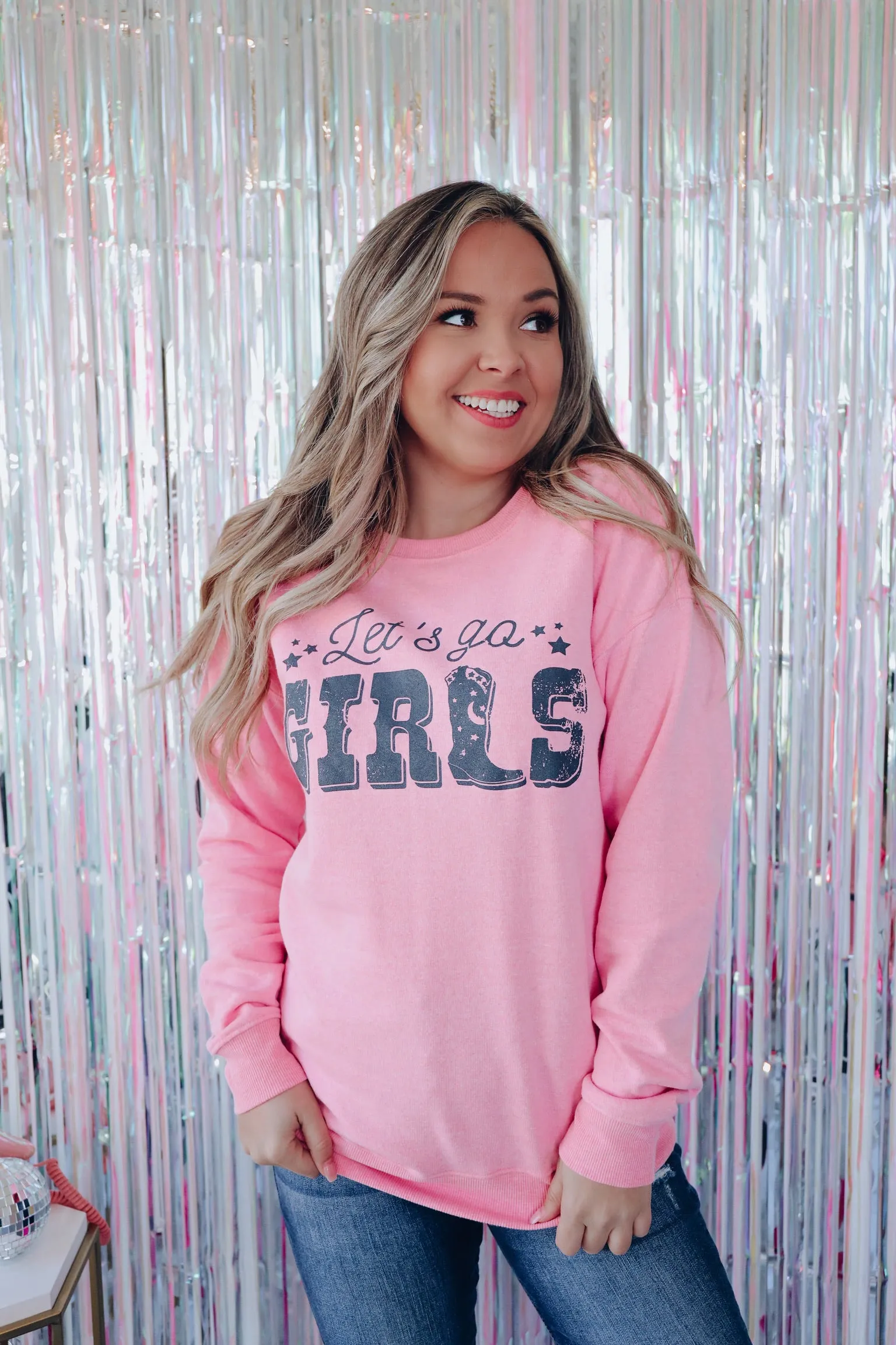 Cowboy Boot "Let's Go Girls" Graphic Sweatshirt - Pink