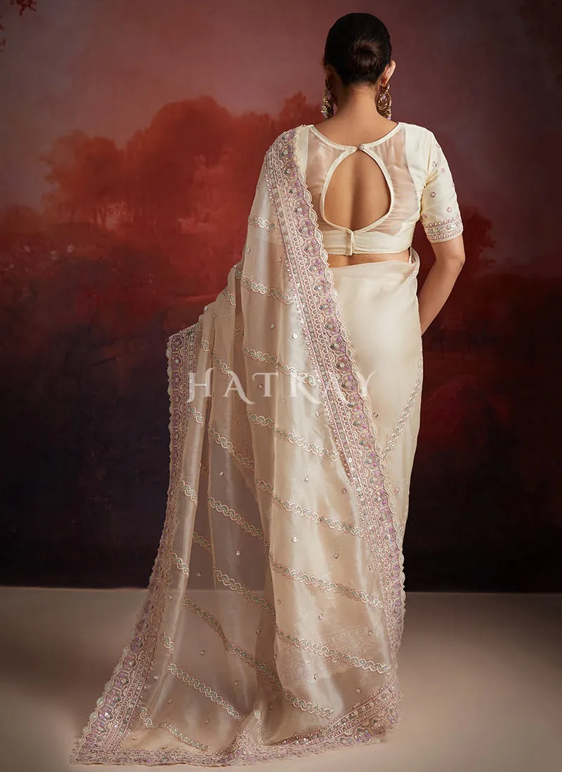 Cream Beige Embroidery Party Wear Saree