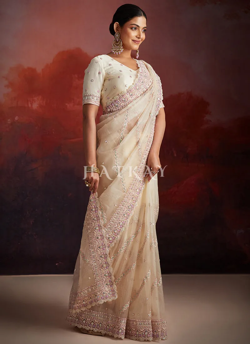 Cream Beige Embroidery Party Wear Saree