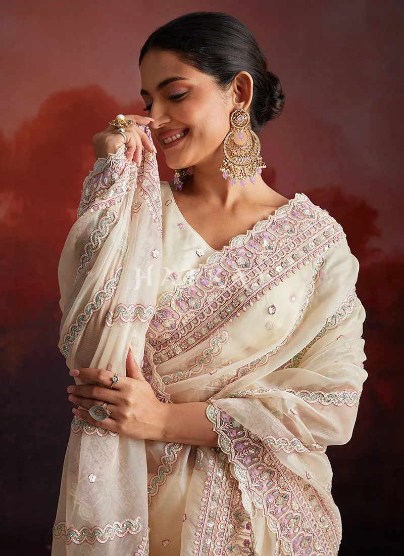 Cream Beige Embroidery Party Wear Saree