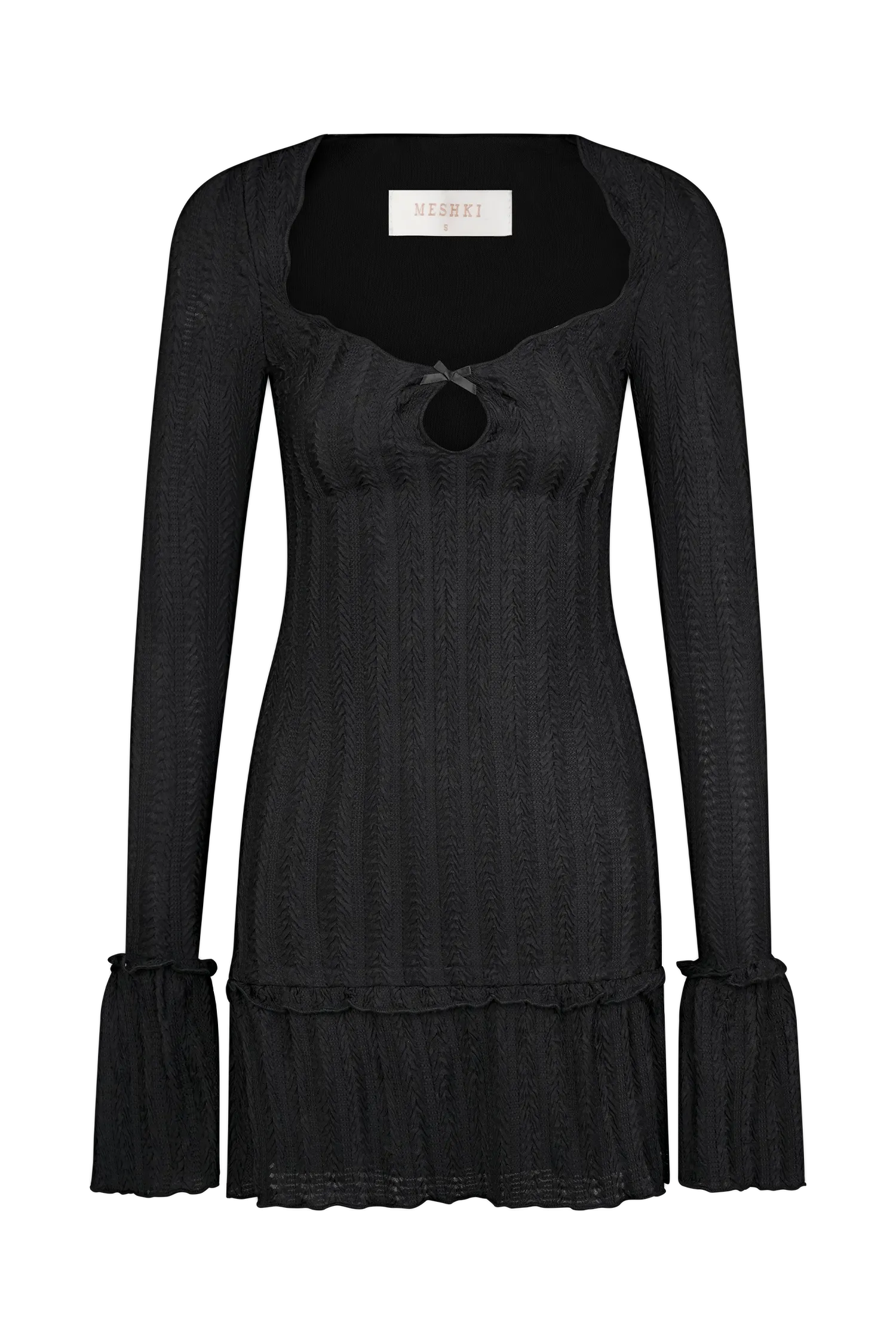 Daphne Pointelle Long Sleeve Mini Dress - Black