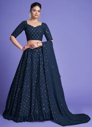 Dark Blue Sequence Embroidery Wedding Lehenga Choli