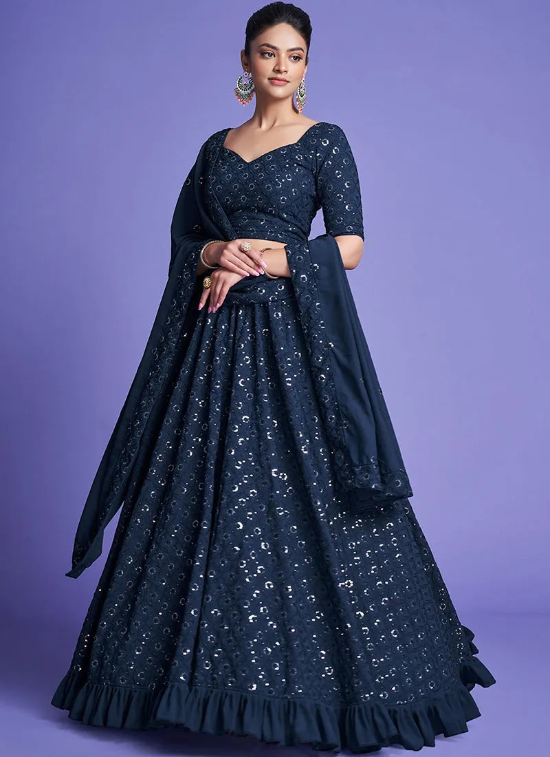 Dark Blue Sequence Embroidery Wedding Lehenga Choli